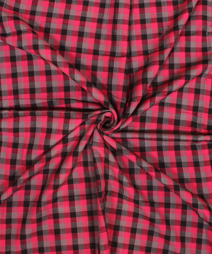 Black grey pink checked handwoven cotton fabric