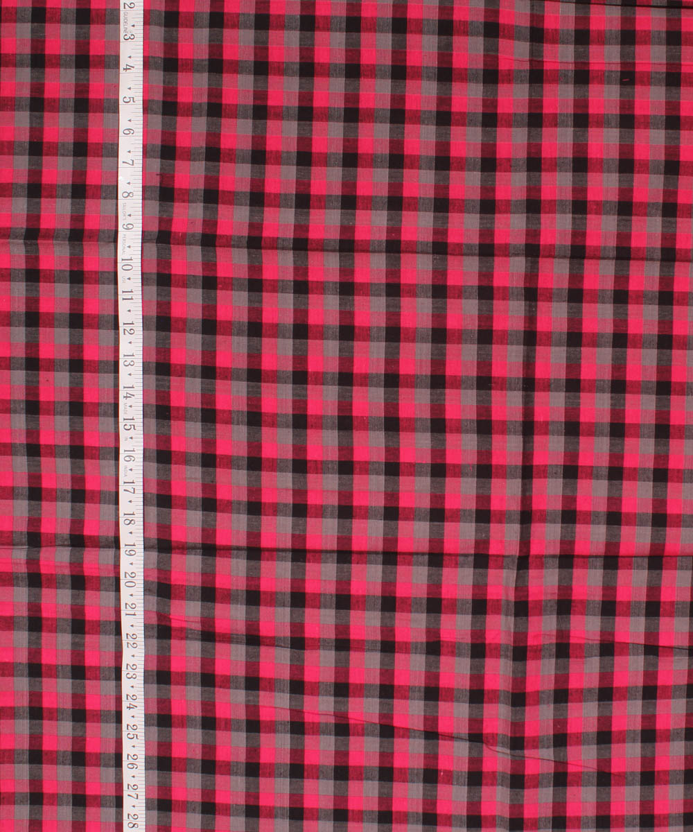Black grey pink checked handwoven cotton fabric