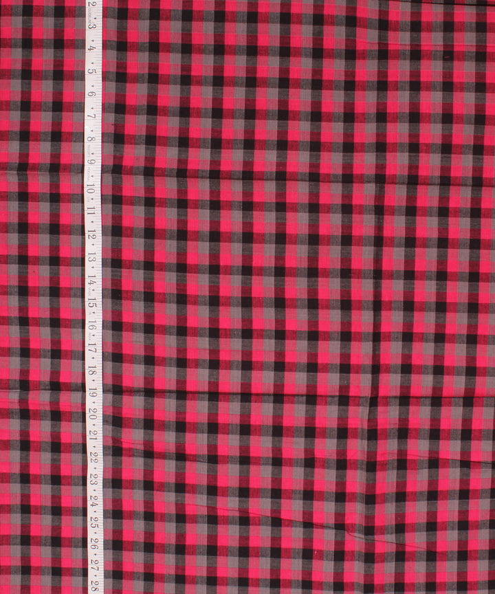 Black grey pink checked handwoven cotton fabric
