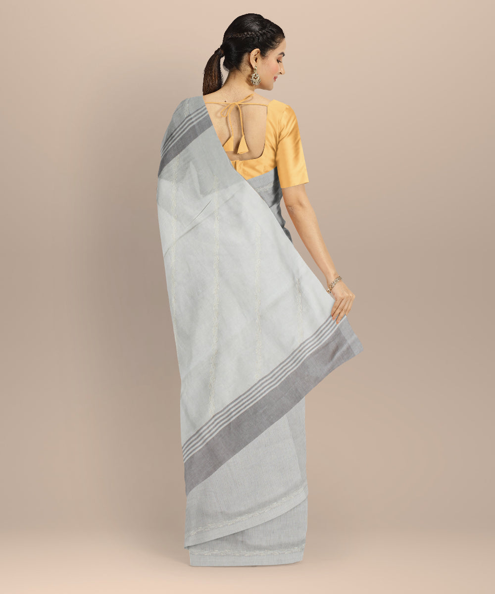 Off white grey handwoven cotton chikankari saree