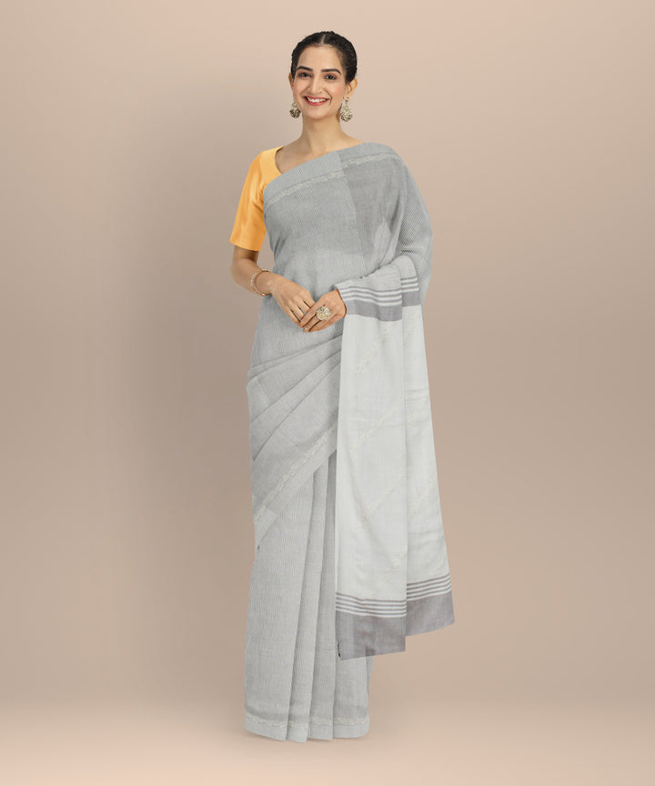 Off white grey handwoven cotton chikankari saree