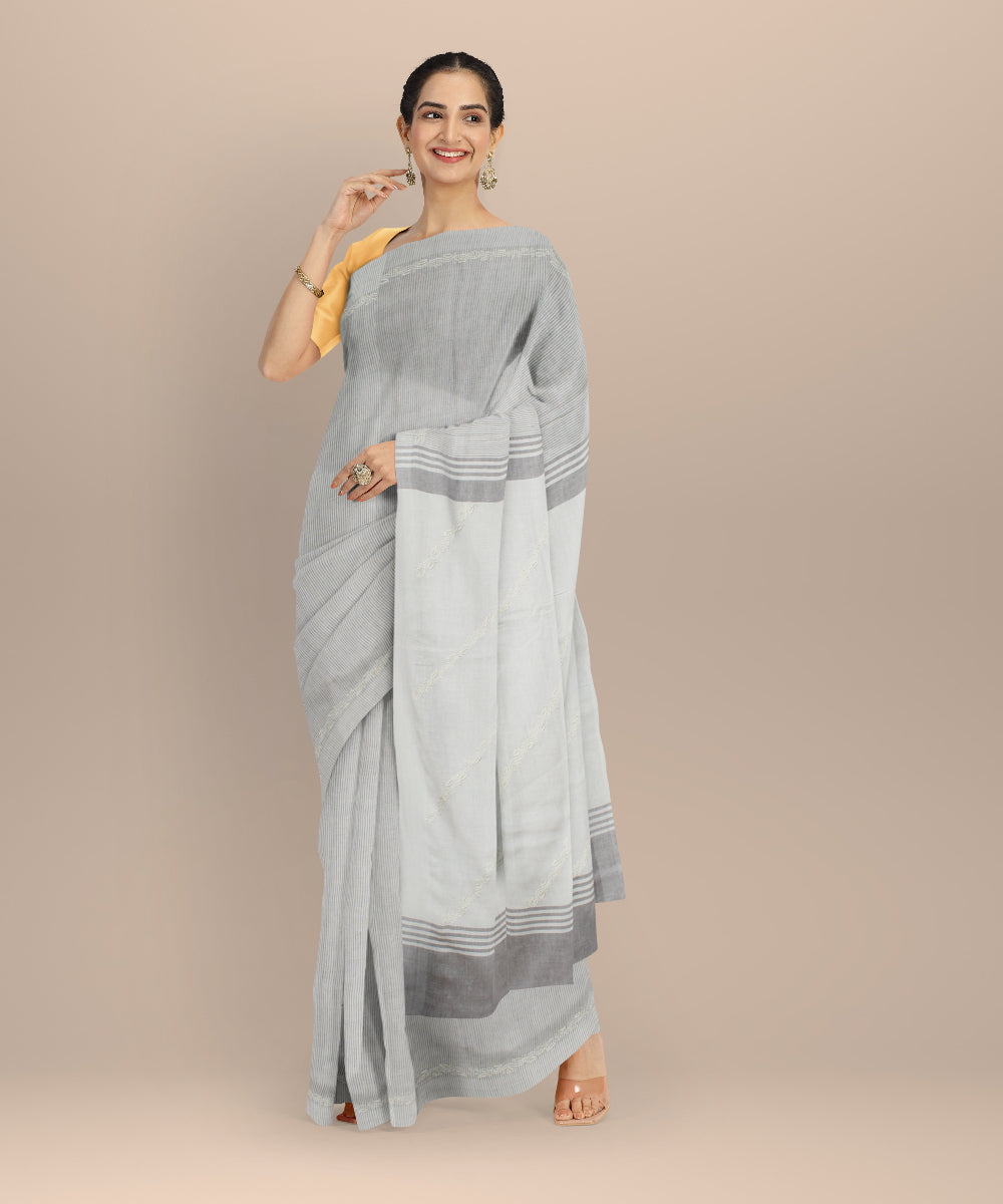Off white grey handwoven cotton chikankari saree