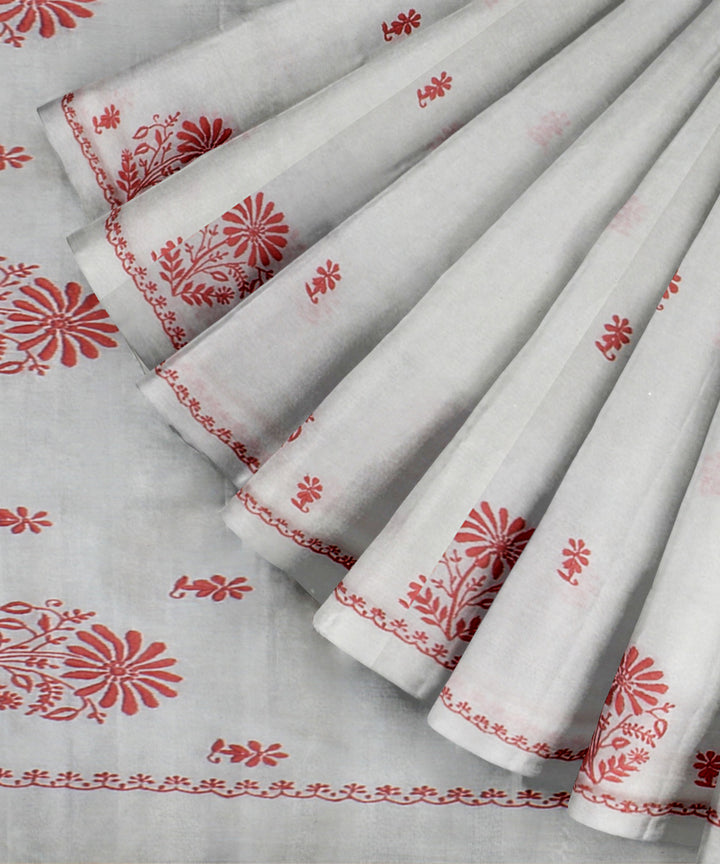 Off white peach cotton handwoven chikankari saree