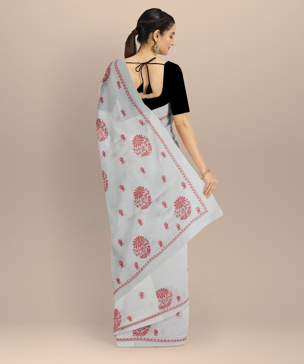 Off white peach cotton handwoven chikankari saree