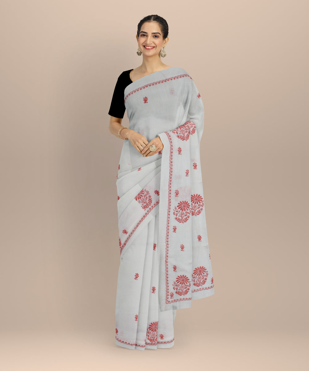 Off white peach cotton handwoven chikankari saree