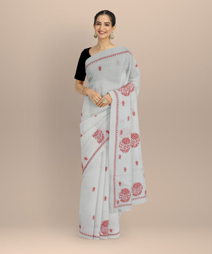 Off white peach cotton handwoven chikankari saree