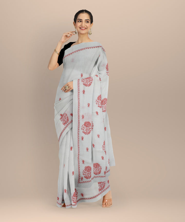 Off white peach cotton handwoven chikankari saree