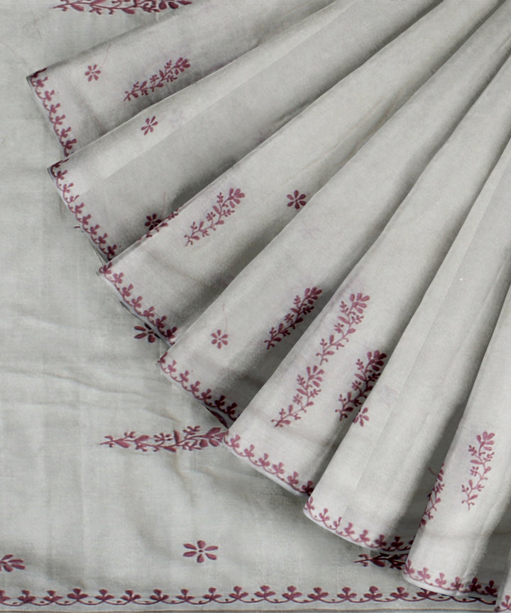Off white purple handwoven cotton chikankari saree