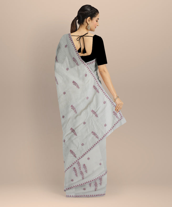 Off white purple handwoven cotton chikankari saree