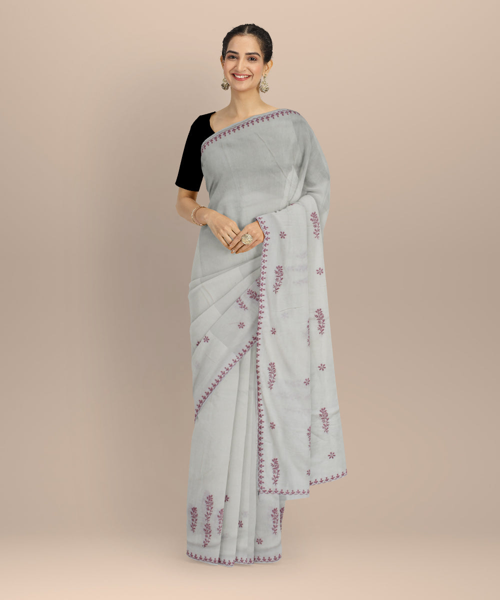 Off white purple handwoven cotton chikankari saree