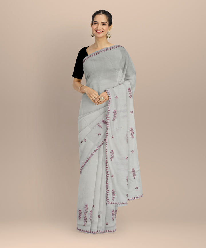 Off white purple handwoven cotton chikankari saree