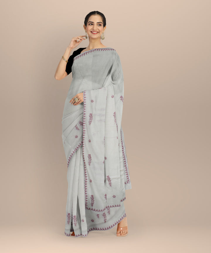 Off white purple handwoven cotton chikankari saree
