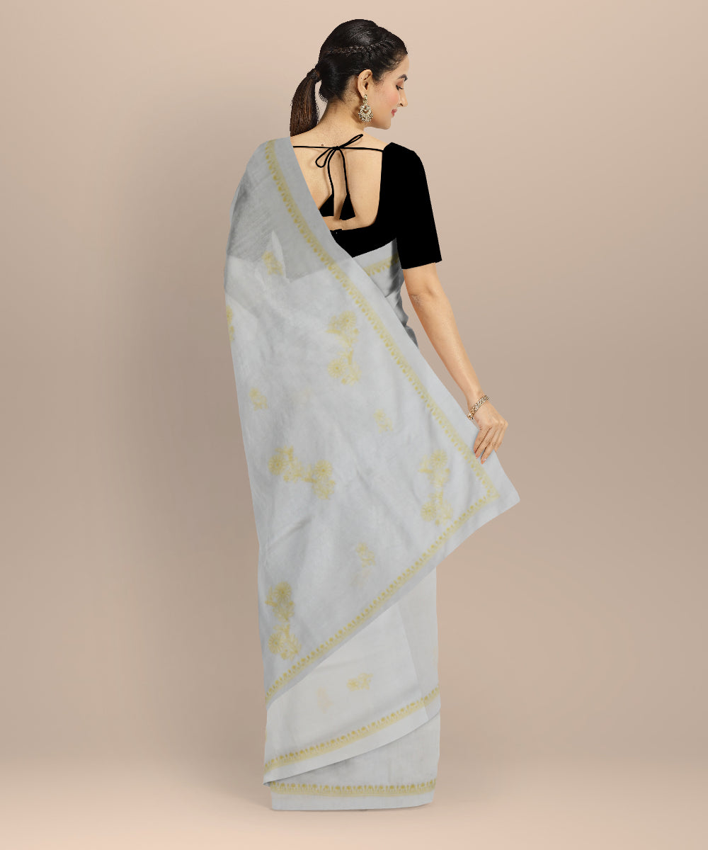 Off white yellow cotton handwoven chikankari saree