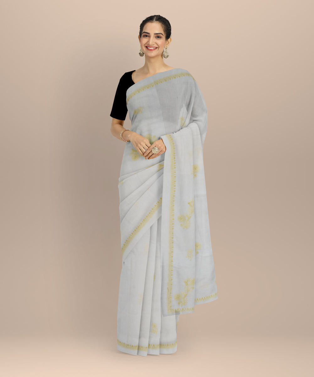 Off white yellow cotton handwoven chikankari saree