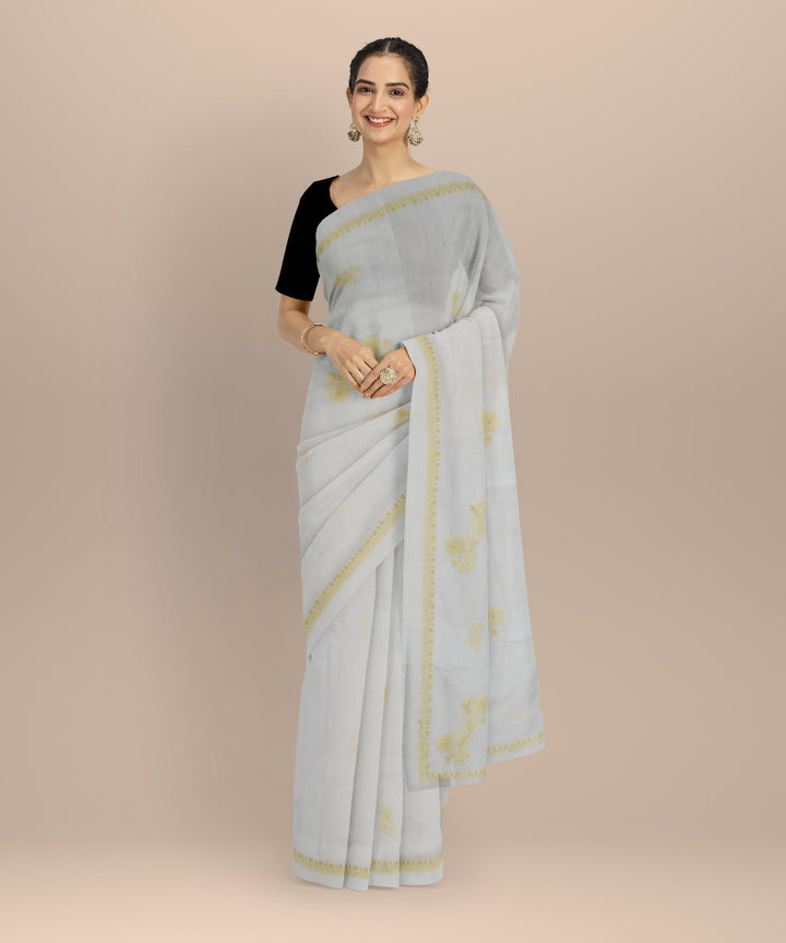Off white yellow cotton handwoven chikankari saree