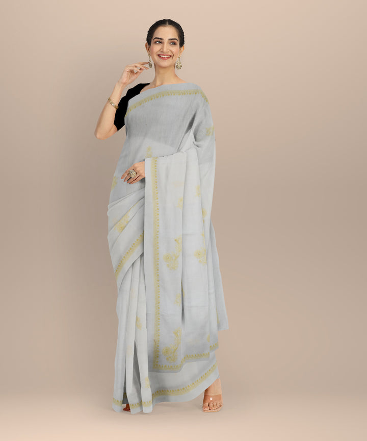 Off white yellow cotton handwoven chikankari saree