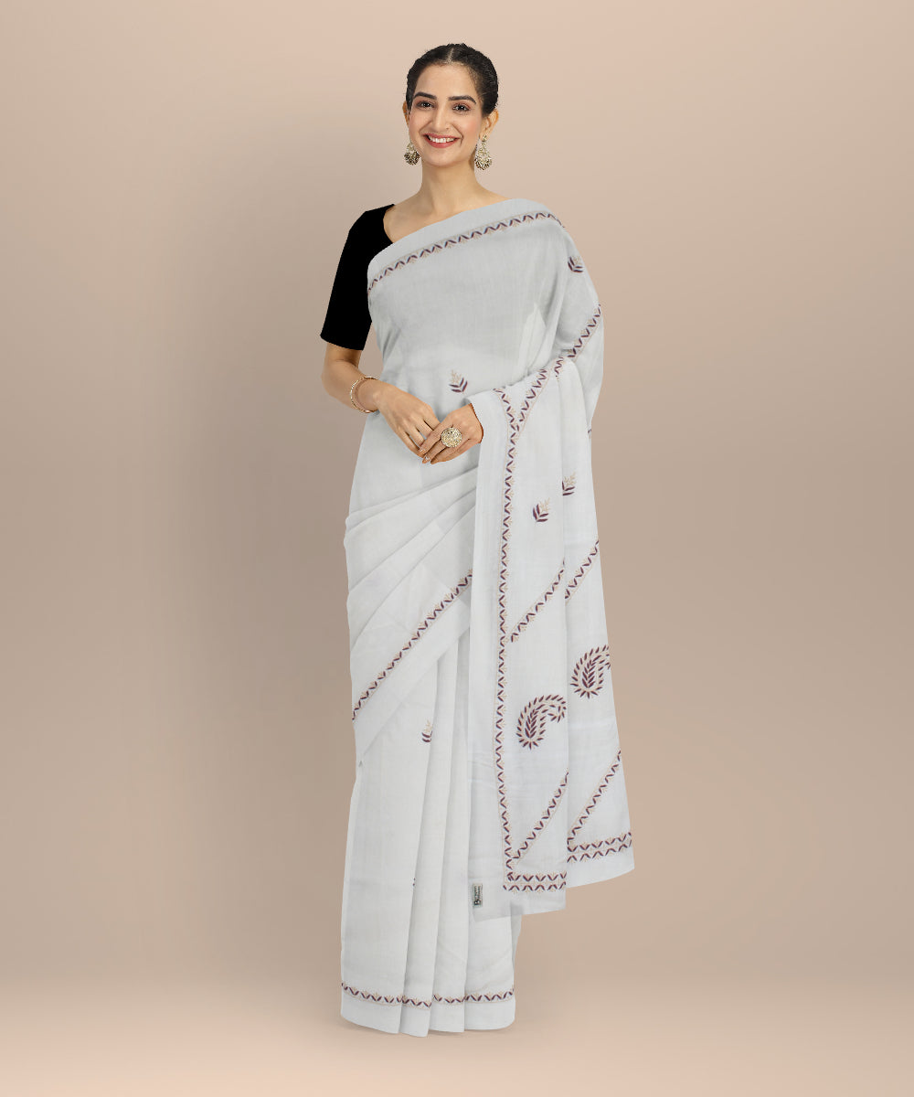 Off white multicolor cotton handwoven chikankari saree