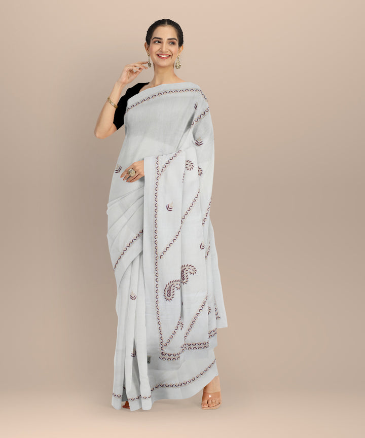 Off white multicolor cotton handwoven chikankari saree