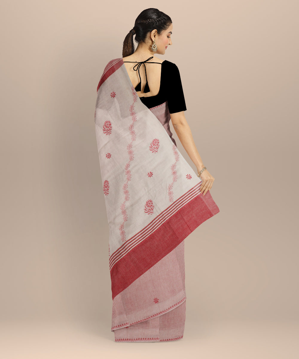Pink off white cotton handwoven chikankari saree