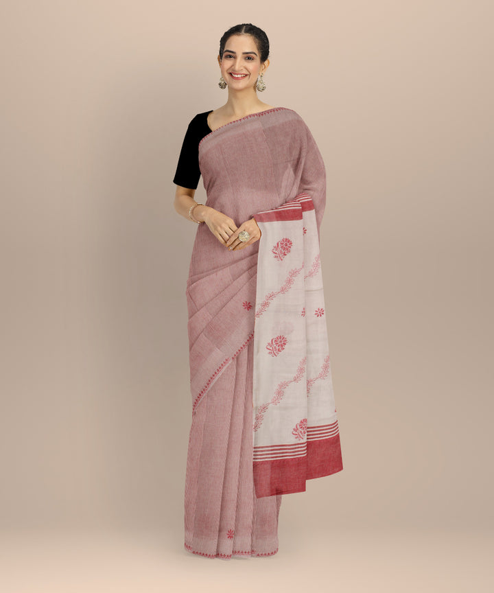 Pink off white cotton handwoven chikankari saree