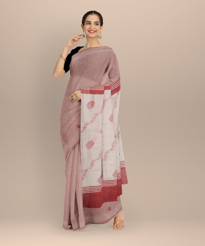 Pink off white cotton handwoven chikankari saree