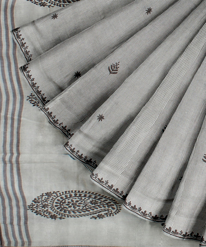 Off white grey cotton handwoven chikankari saree