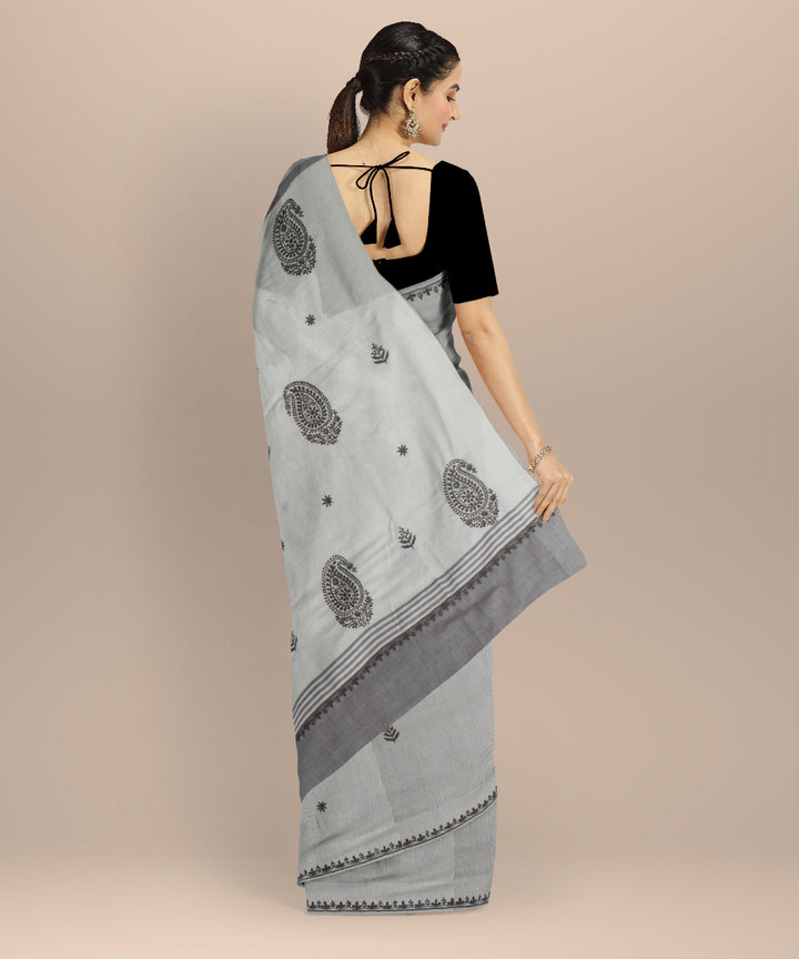 Off white grey cotton handwoven chikankari saree