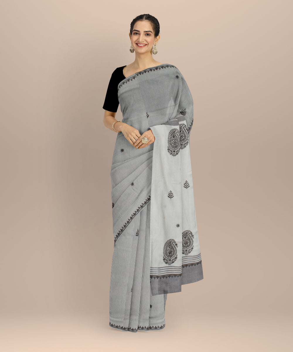 Off white grey cotton handwoven chikankari saree