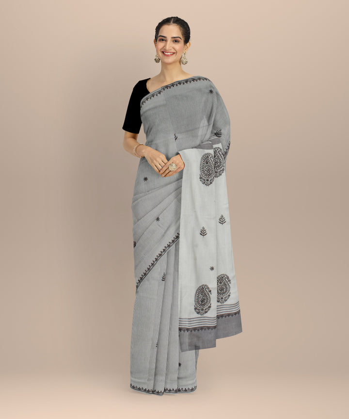Off white grey cotton handwoven chikankari saree