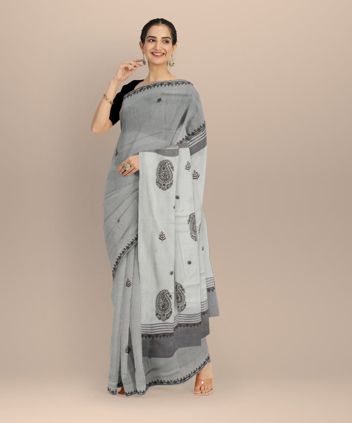 Off white grey cotton handwoven chikankari saree