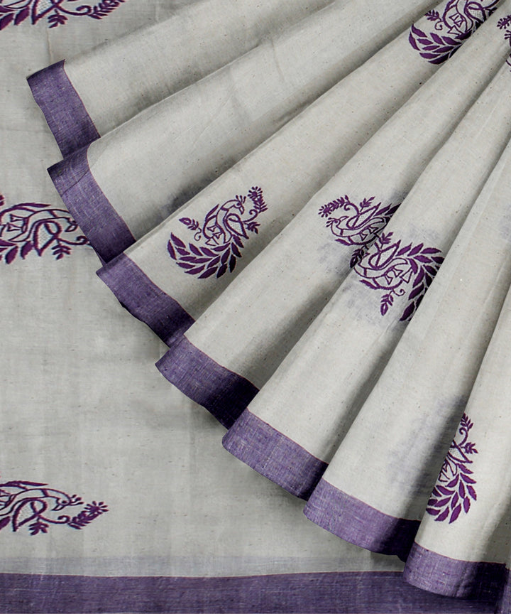 Off white voilet cotton handwoven chikankari saree