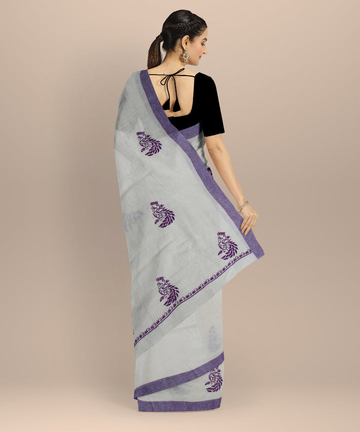 Off white voilet cotton handwoven chikankari saree