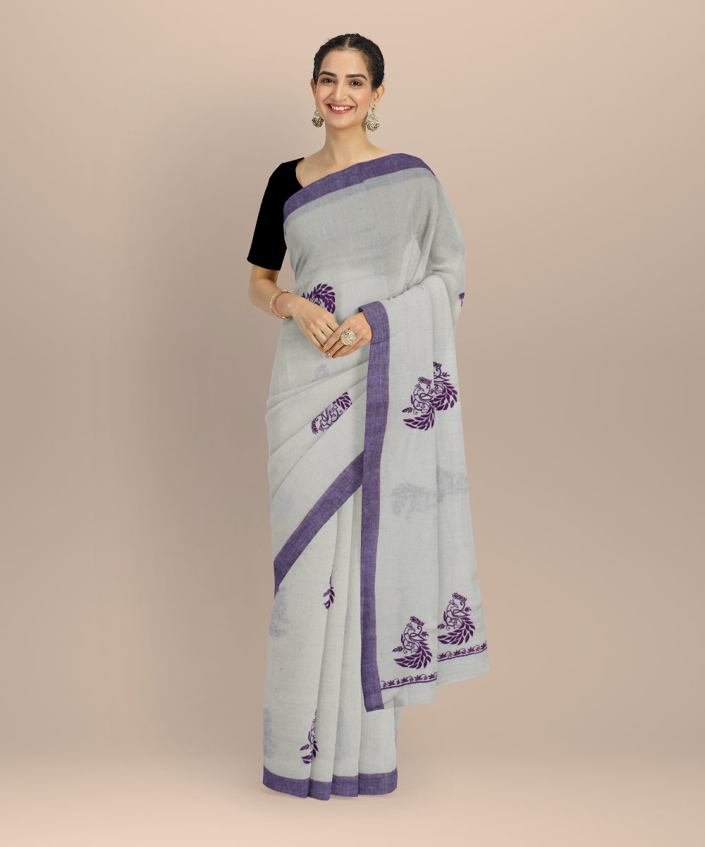 Off white voilet cotton handwoven chikankari saree