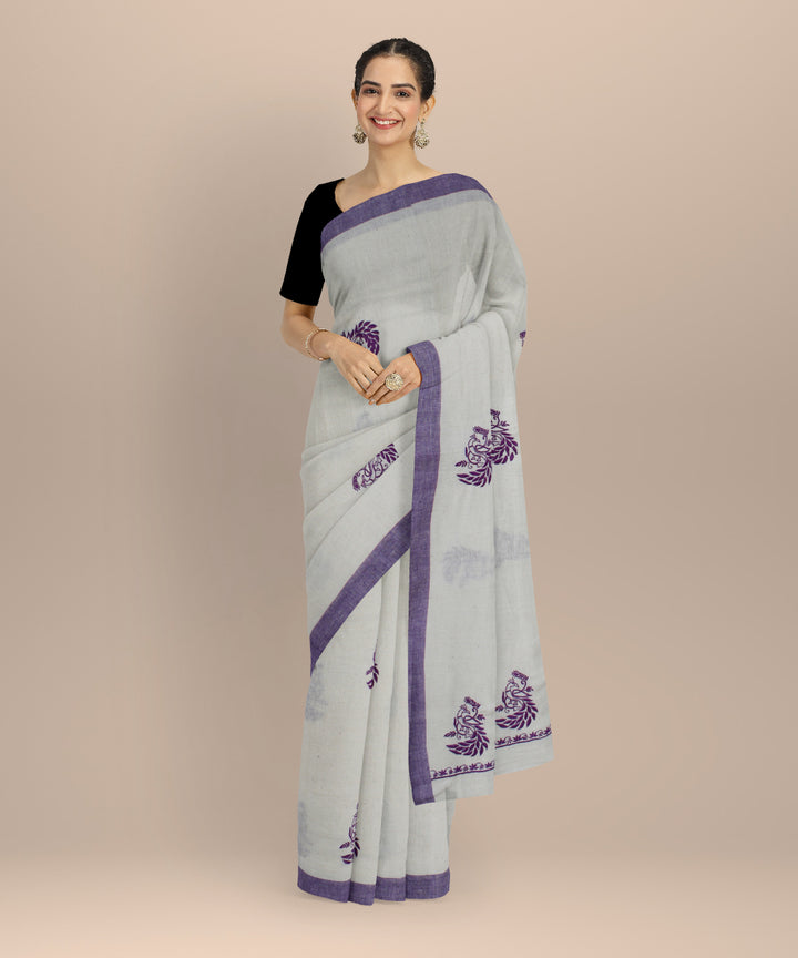 Off white voilet cotton handwoven chikankari saree