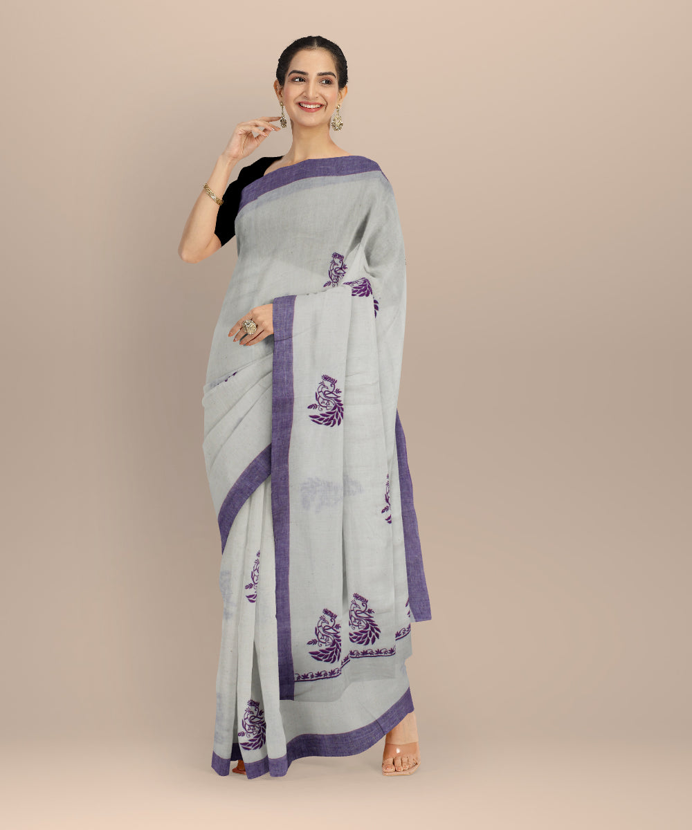 Off white voilet cotton handwoven chikankari saree