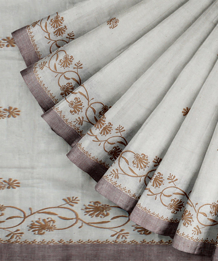 Off white mustard cotton handwoven chikankari saree
