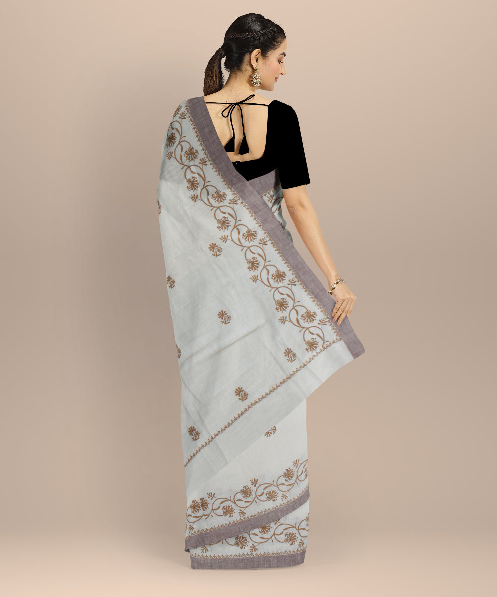 Off white mustard cotton handwoven chikankari saree
