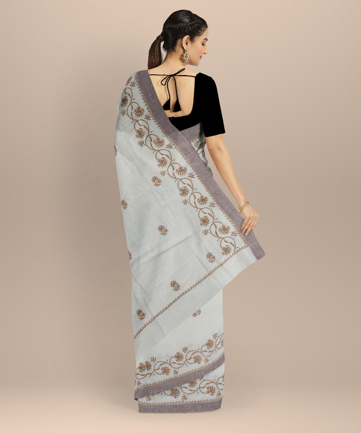 Off white mustard cotton handwoven chikankari saree