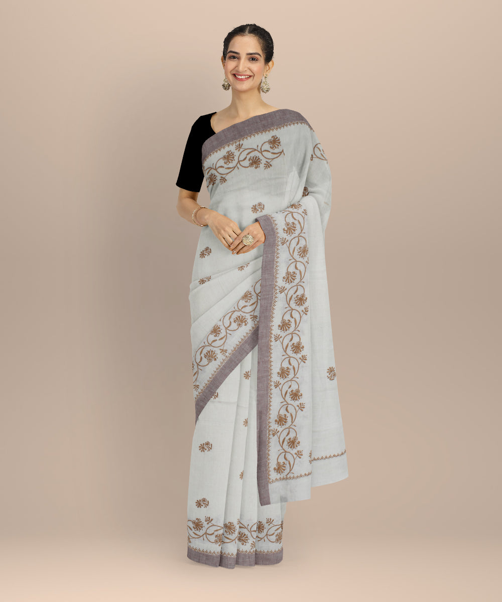 Off white mustard cotton handwoven chikankari saree