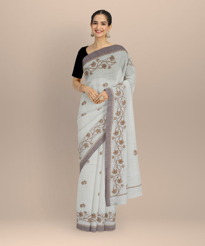 Off white mustard cotton handwoven chikankari saree