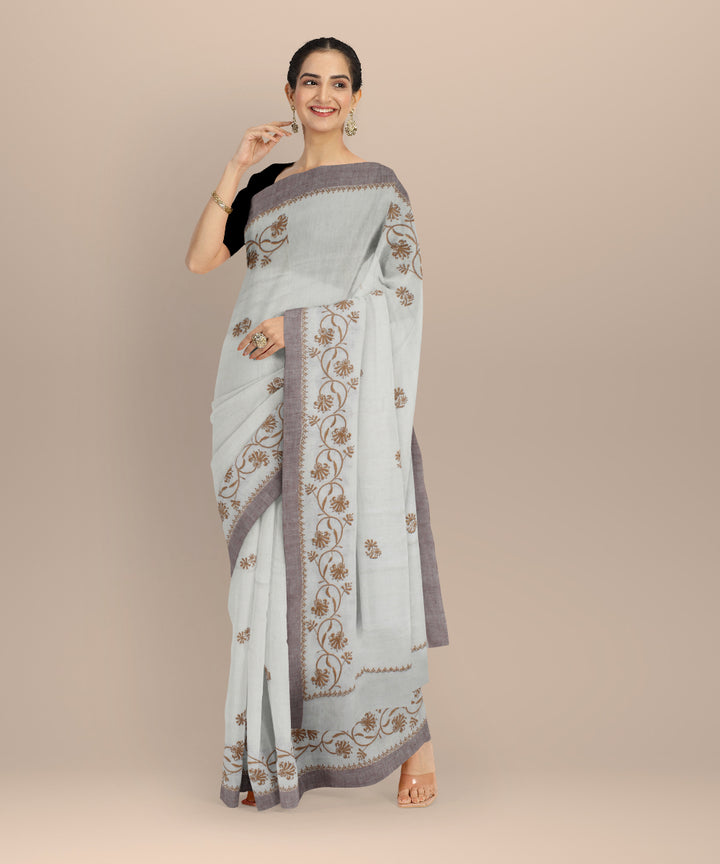 Off white mustard cotton handwoven chikankari saree