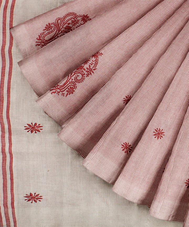 Pink cream cotton handwoven chikankari saree