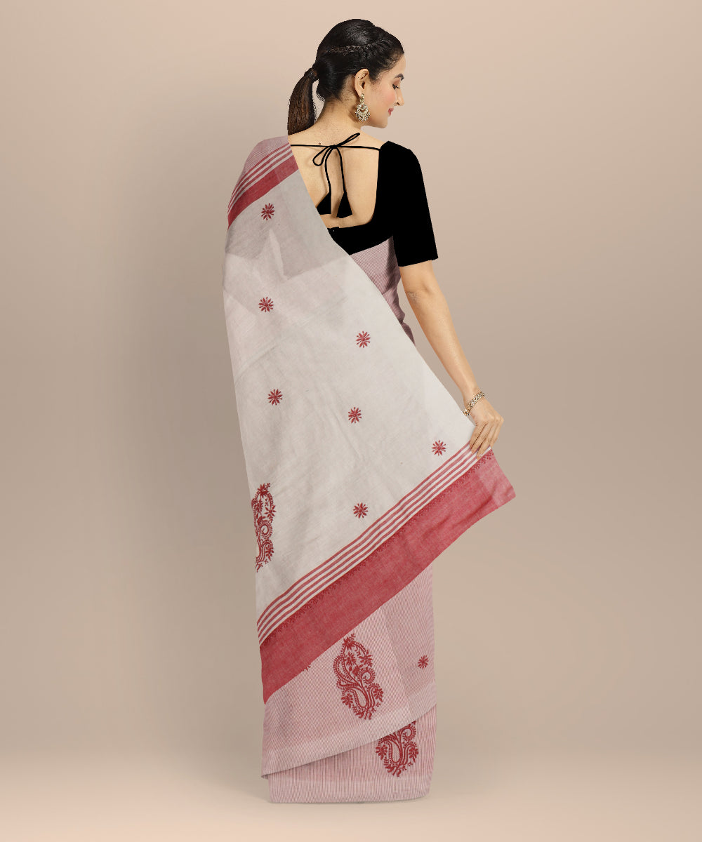 Pink cream cotton handwoven chikankari saree