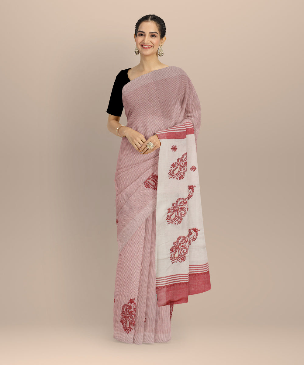 Pink cream cotton handwoven chikankari saree