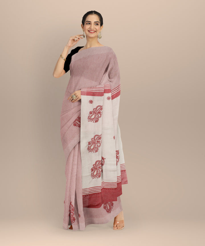 Pink cream cotton handwoven chikankari saree