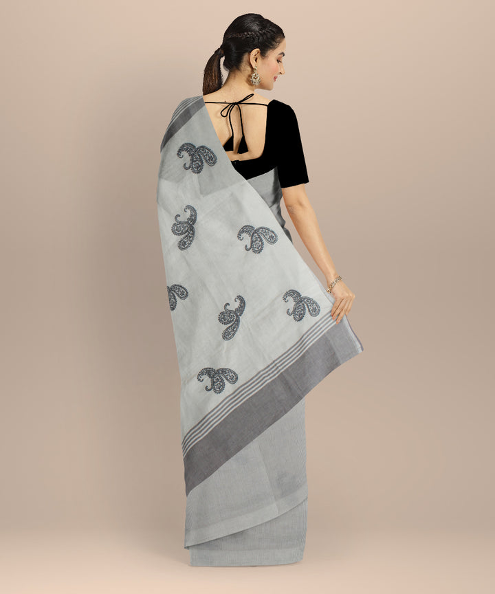 Off white grey cotton handwoven chikankari saree