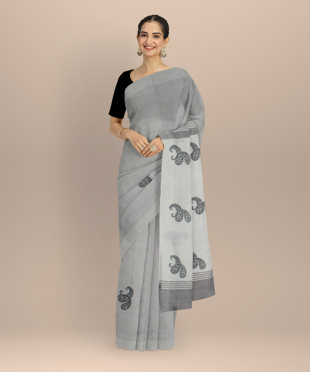 Off white grey cotton handwoven chikankari saree
