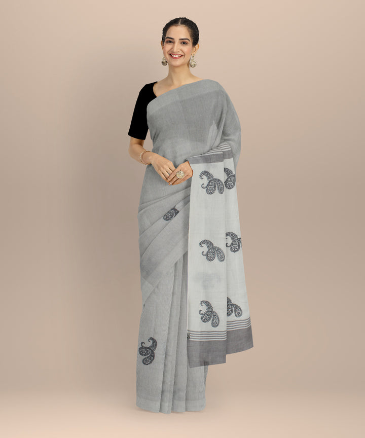 Off white grey cotton handwoven chikankari saree