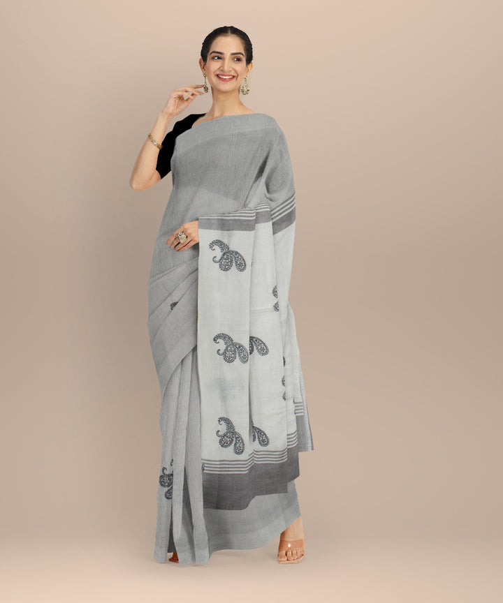 Off white grey cotton handwoven chikankari saree