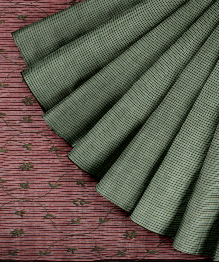Olive green red cotton handwoven chikankari saree